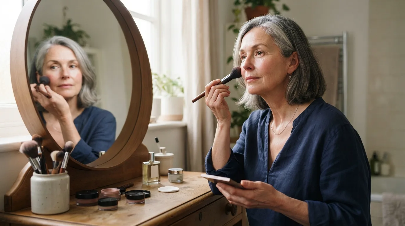 a woman in her 60s applying makeup in front of a mirror