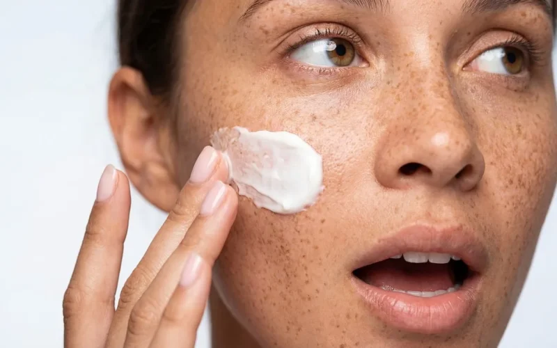 skincare, piegi, kobieta, twarz, krem, piękno, naturalny, kosmetyk, nawilżacz, skóra, dermatologia, leczenie, dobra kondycja, zdrowie, rutyna, zbliżenie, wyrażenie, płeć żeńska, portret, twarzowy, nawilżający, płyn kosmetyczny, podanie, opieka, piegowaty
