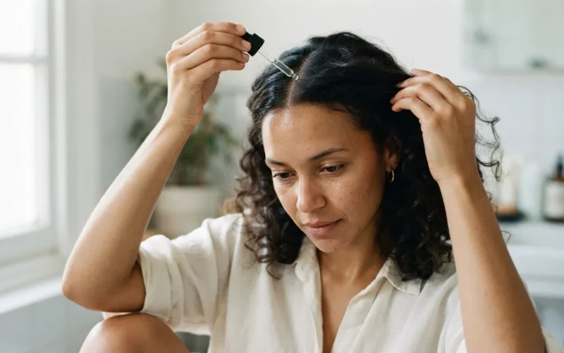 a woman applying a treatment to her scalp