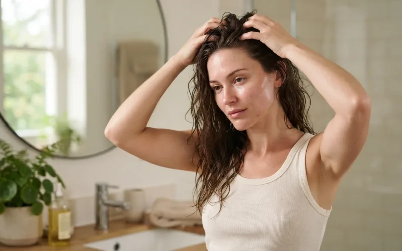a woman gently massaging her scalp in a bathroom