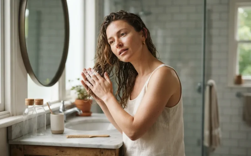 a woman applying hair product in a bathroom