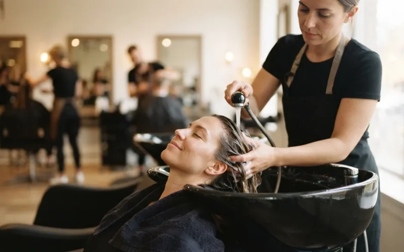 a woman having her hair washed in a salon