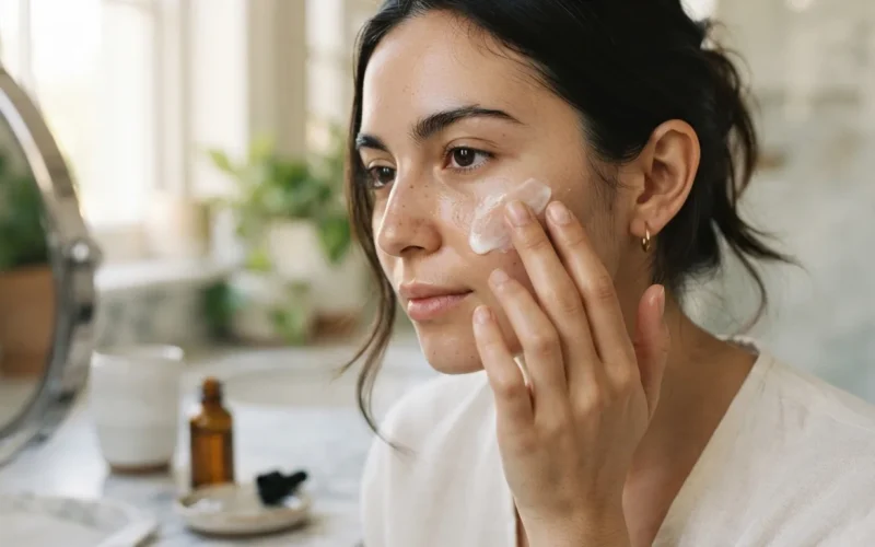 a woman applying a skincare product to her face