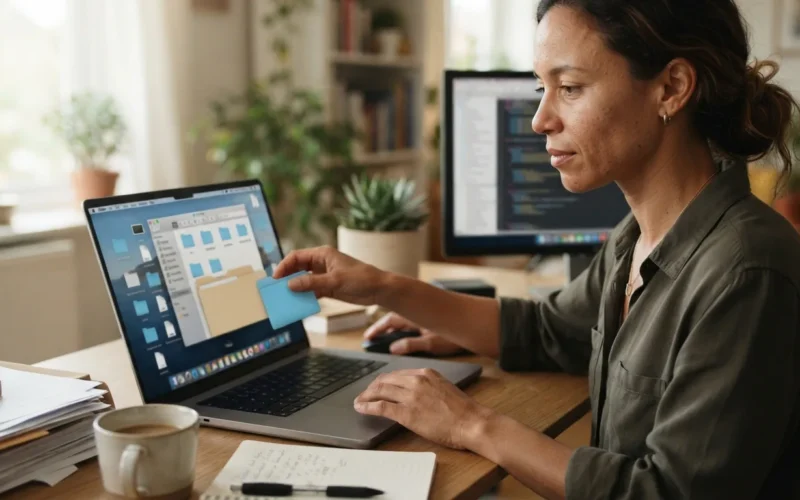 a person organizing a cluttered digital workspace
