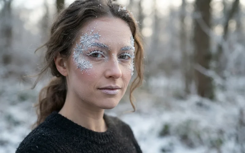 a woman with snowflake or frost makeup on her face