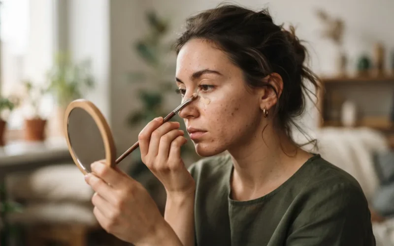 a woman applying concealer to her face with a small brush