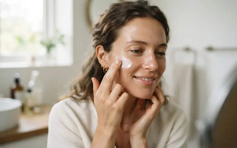 a woman applying a skincare product to her face