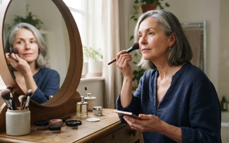 a woman in her 60s applying makeup in front of a mirror