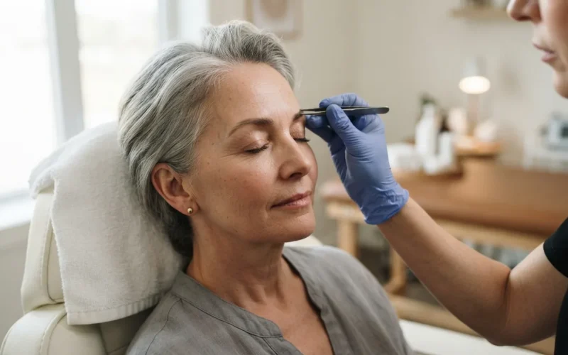 a woman with grey hair getting her eyebrows done