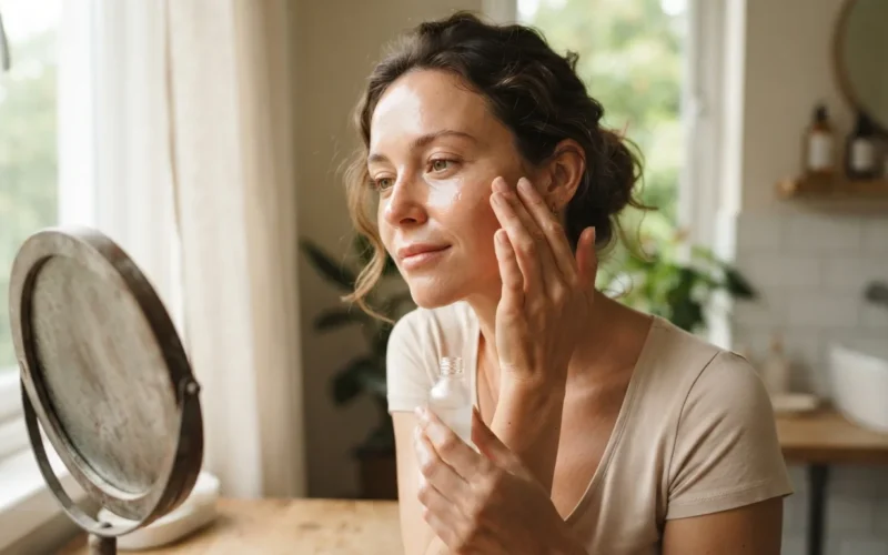 a woman applying a skincare product to her face in bright daylight