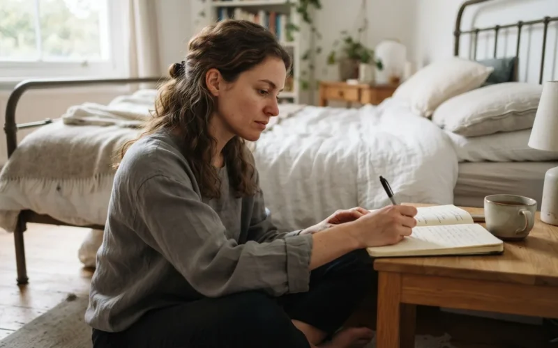 a person writing in a notebook next to a bed