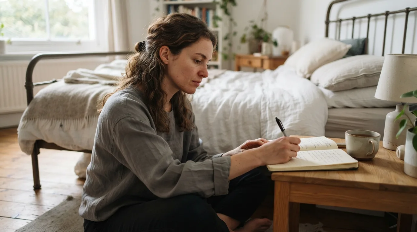 a person writing in a notebook next to a bed