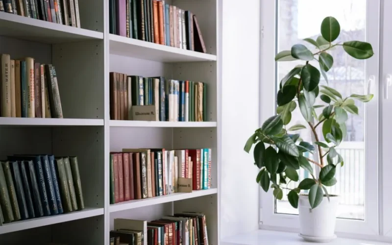 A peaceful home library scene with organized bookshelves and a lush indoor plant beside a window.