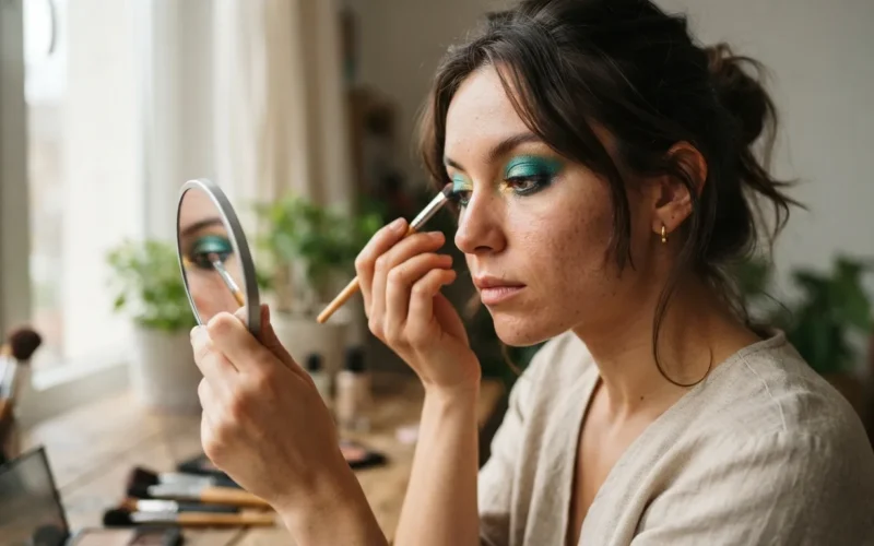 a woman applying colorful eye makeup