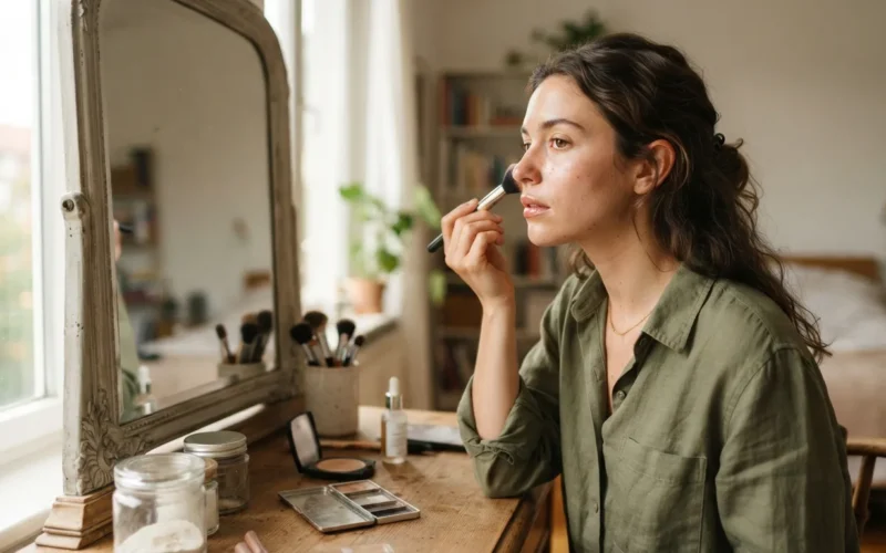 a woman applying makeup in front of a mirror