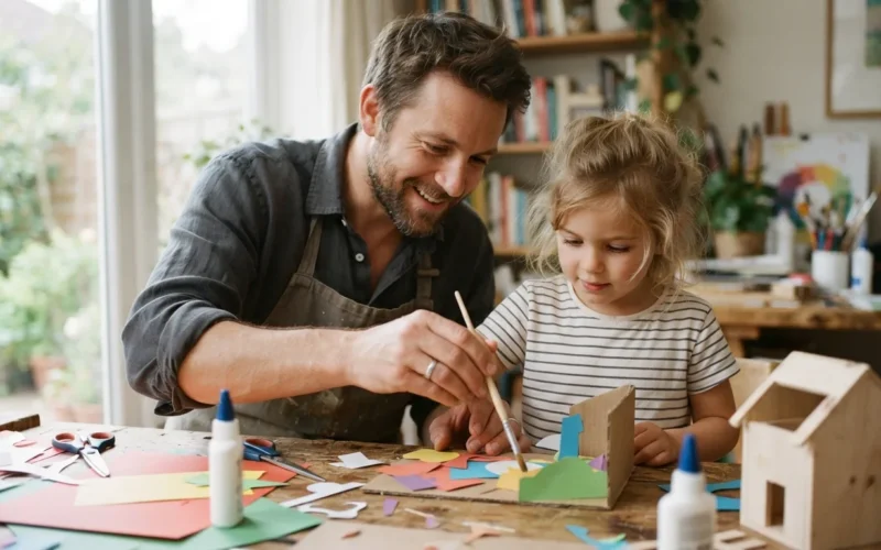 a father and child making a craft together