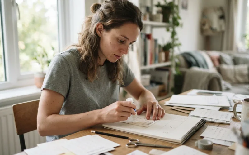 a person making a paper calendar at a desk