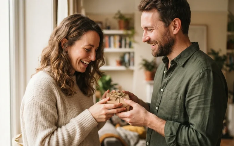 a couple smiling while exchanging a handmade gift