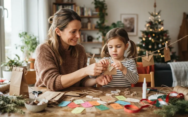 a parent and child making a craft Advent calendar together