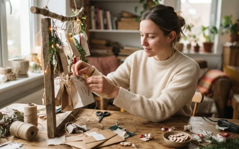 a person crafting a decorative advent calendar