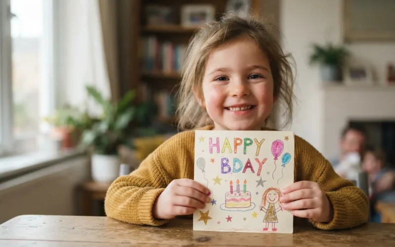 a child holding a handmade birthday card