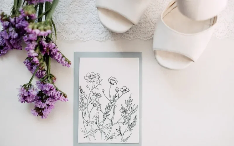 Close-up of wedding shoes, floral card and bouquet for a modern wedding theme.