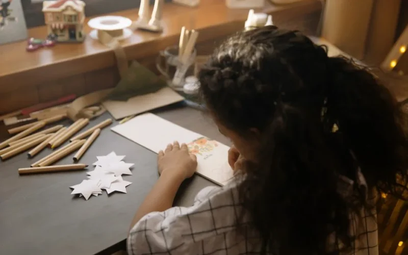 A young girl engaged in creative drawing of a Christmas card, surrounded by arts and crafts materials indoors.