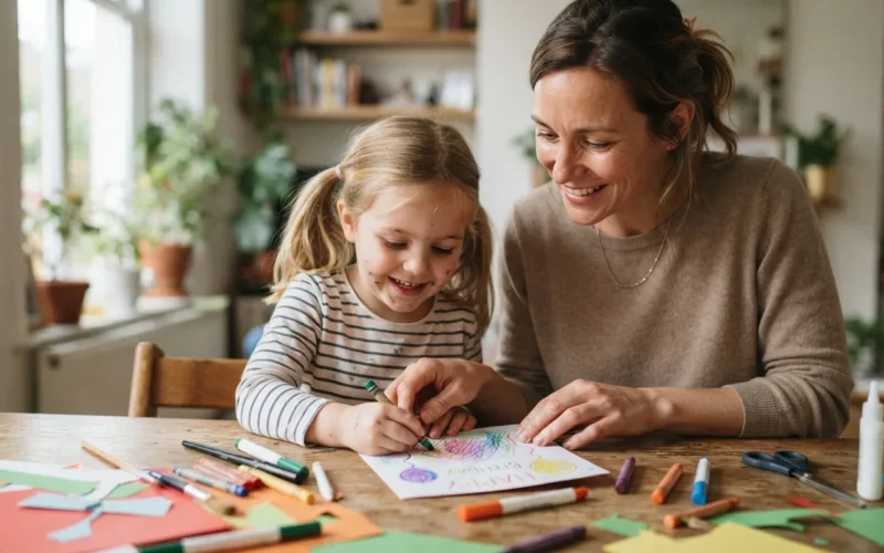 a child and a parent making a birthday card together