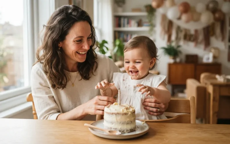 a parent and a one-year-old child with a birthday cake