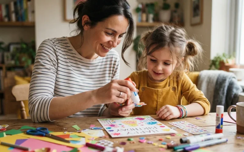 a child and parent making a colorful birthday card together