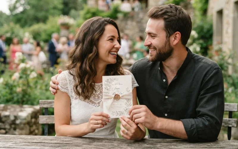 a couple holding a wedding invitation card