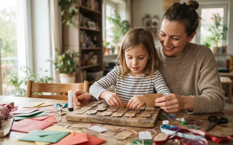 a child and parent crafting a paper Advent calendar