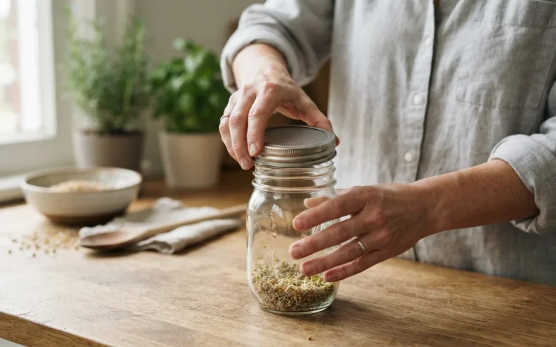 a person assembling a glass jar with a mesh lid and seeds