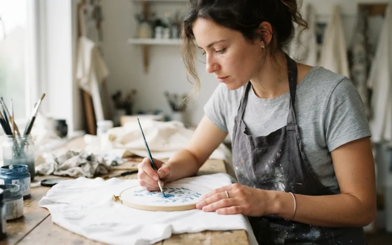 a person painting or decorating a plain white t-shirt