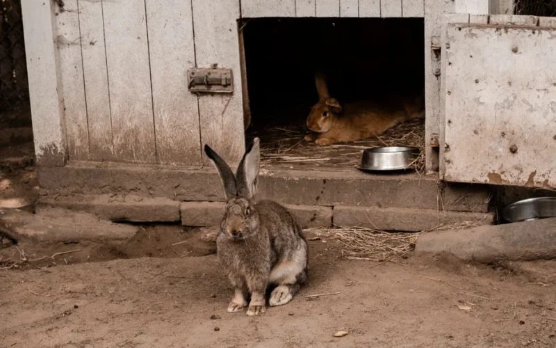 Two rabbits in a cozy outdoor hutch, one outside and one relaxing inside.