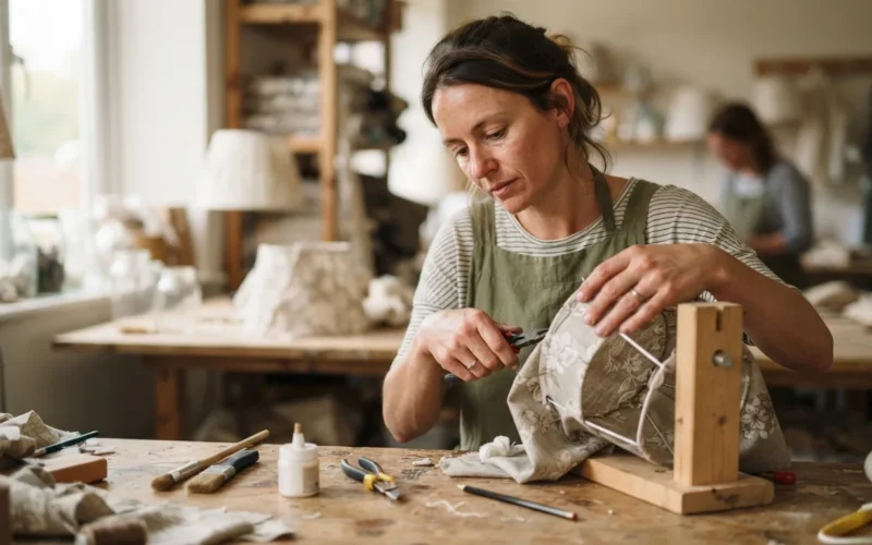 a person crafting a lampshade at a table