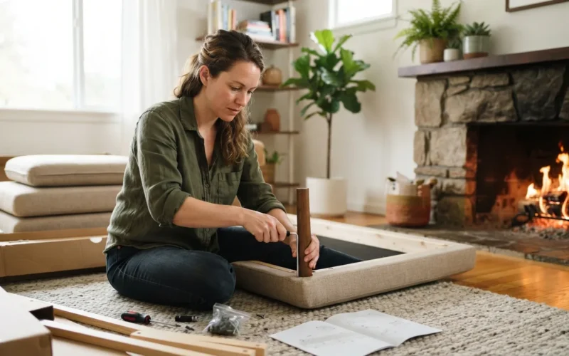 a person assembling a sofa near a fireplace