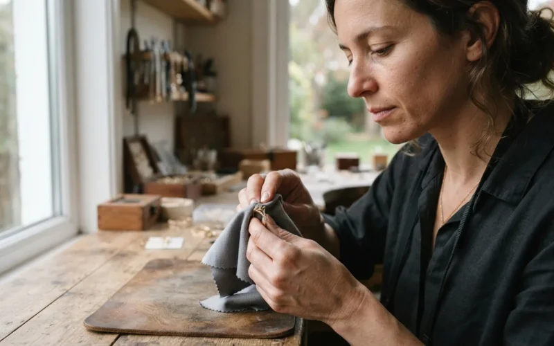 a woman cleaning jewelry with a soft cloth