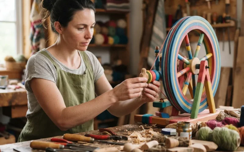 a person crafting a colorful spinning wheel