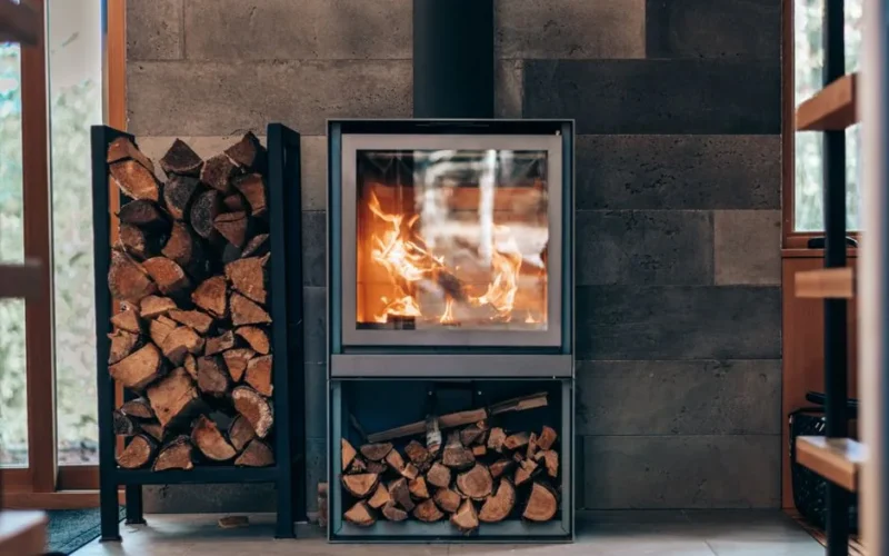 Contemporary square fireplace with burning flame and fuel woods stand located in stylish modern cottage