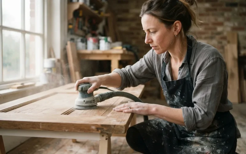 a person sanding or painting a wooden door