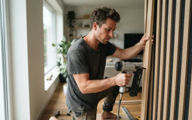 a person installing decorative slats on a wall