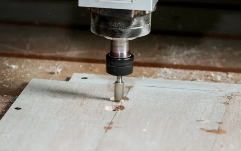 Detailed view of a milling machine cutting wood in a workshop setting.