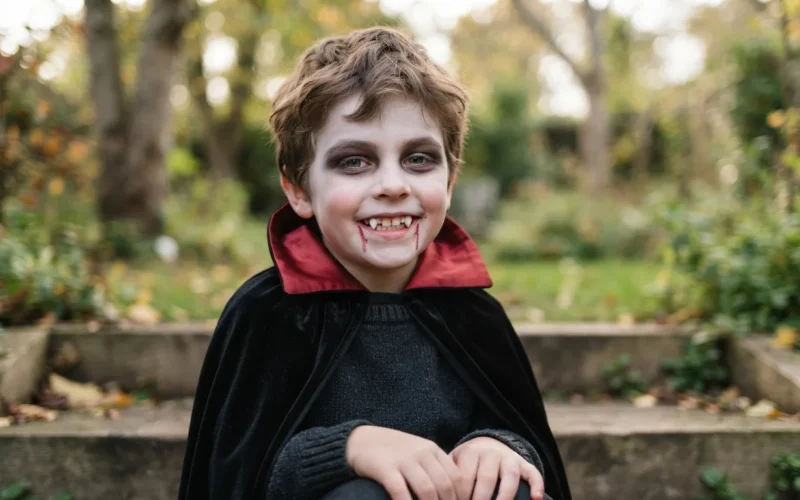 a child with vampire face paint and fangs