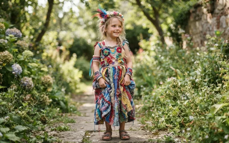 a child wearing a colorful handmade costume