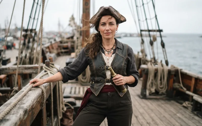 a woman in a modern pirate-inspired outfit