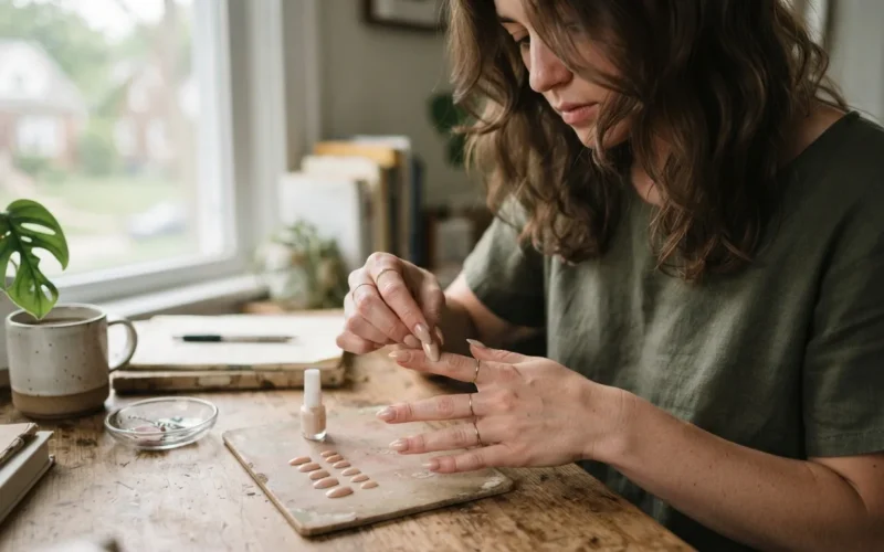 a person applying press-on nails at a desk