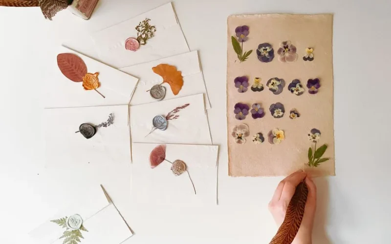 Beautiful flat lay featuring handmade envelopes with seals and dried flowers on a white background.