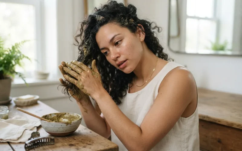 a woman applying a natural mixture to her hair