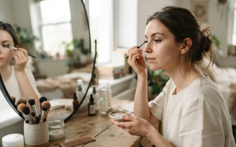a woman applying makeup in front of a mirror